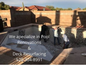 Workers performing pool renovation and deck resurfacing for Stunning Pools and Spas-Complete Landscape & Design LLC in Tucson, AZ.