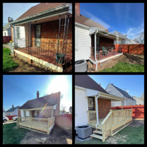 Before and after of a house porch and deck renovation by Indoor/Outdoor Home Repairs in Parma, OH.