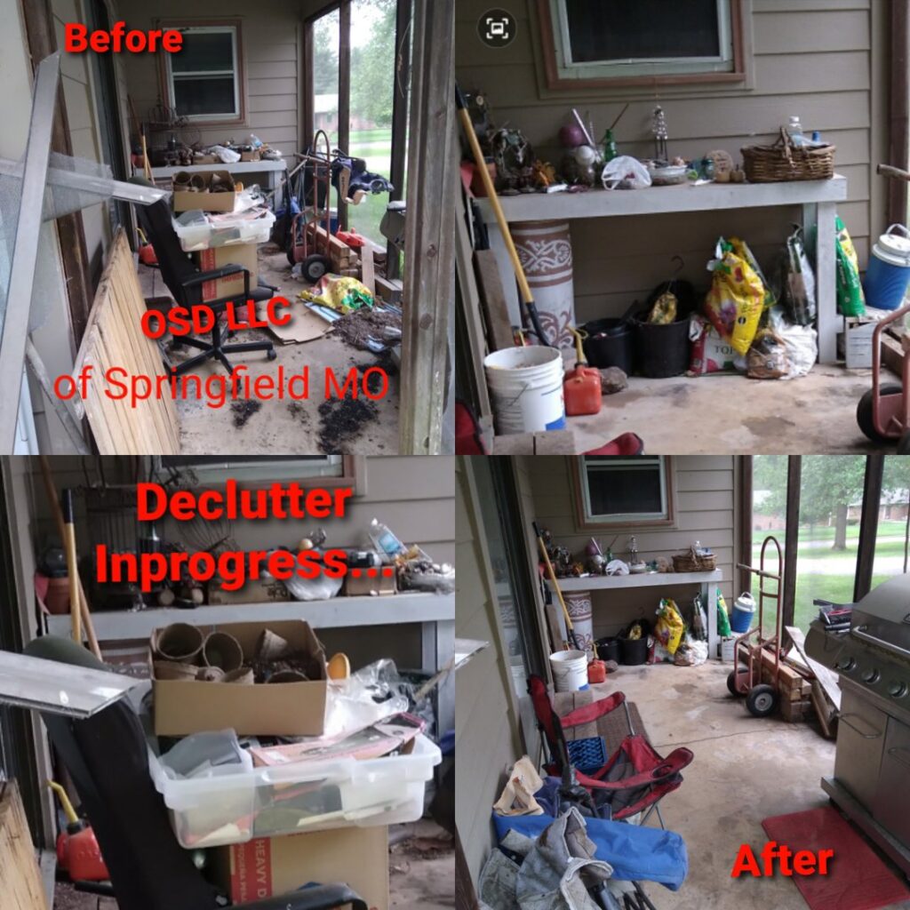 A before and after collage showing a successful porch decluttering and organizing project by OSD in Springfield, MO