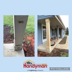 Before and after of a damaged porch post replaced by Mr. Handyman of Waukesha and North Milwaukee County, WI.