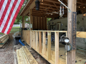 New wooden porch railings being constructed by Armbruster General Contracting in Cincinnati, OH.