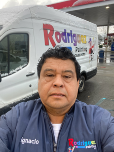 A before and after collage showing porch railing repair and repainting by Rodriguez Painting in Garner, NC