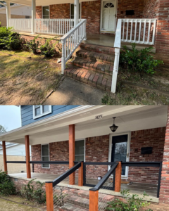 Before and after view of a home porch renovation with new railings by PODavis Home Helpers in Little Rock, AR
