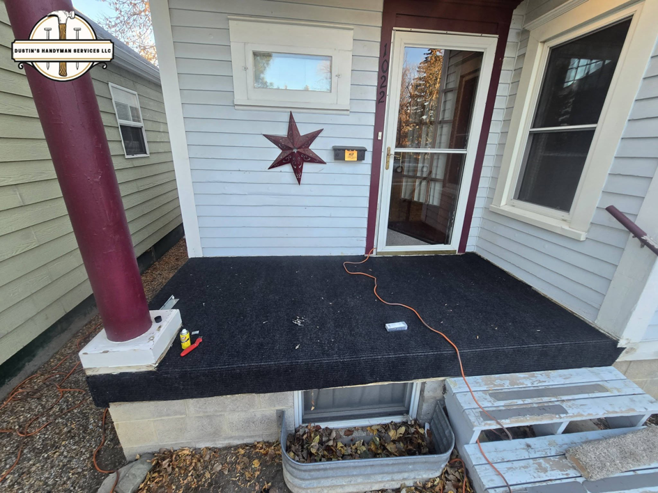 Handyman tools on a porch during a resurfacing project by Dustin's Handyman Services LLC in Great Falls, MT.