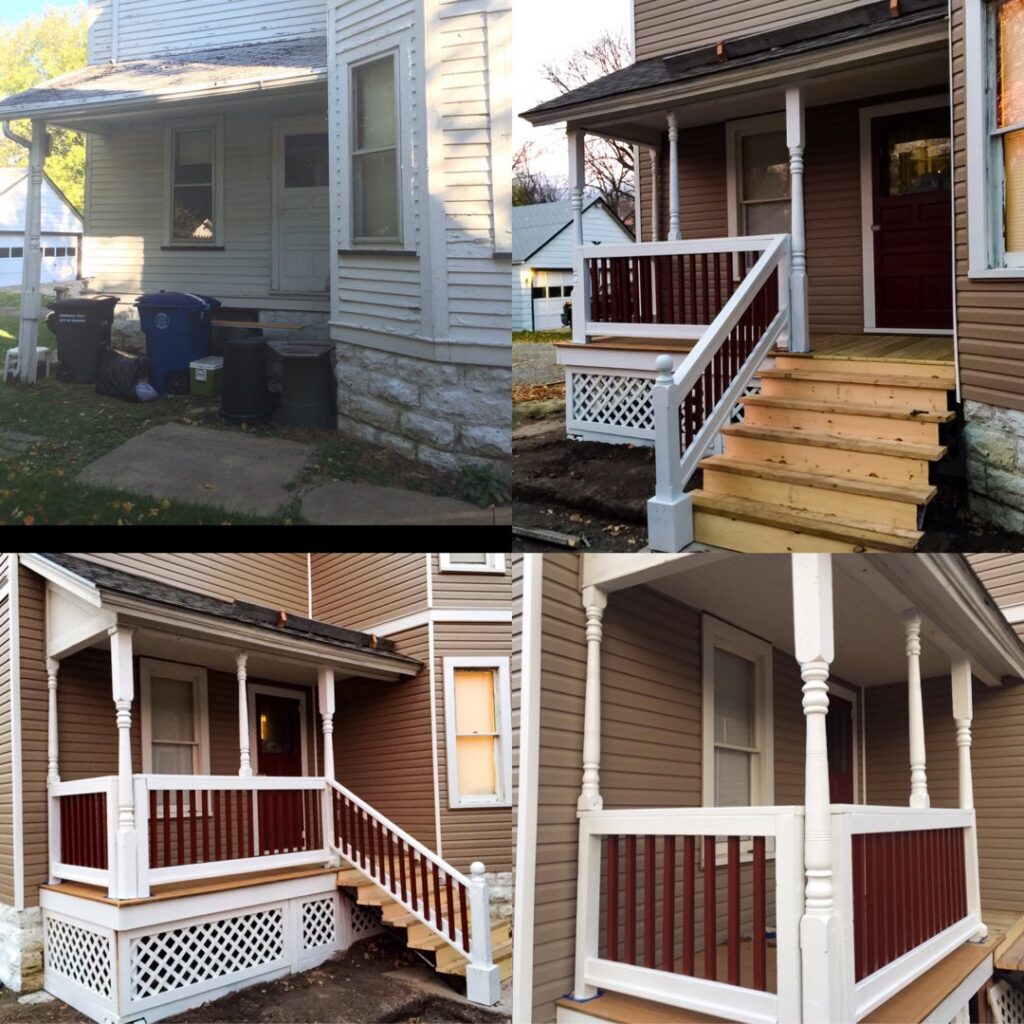 Before and after comparison of a renovated porch with new steps and railing by L12 Construction LLC in Oshkosh, WI.