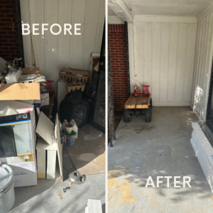 Before and after view of a cluttered porch or storage area completely cleared out by WasteAway Junk Removal in Memphis, TN