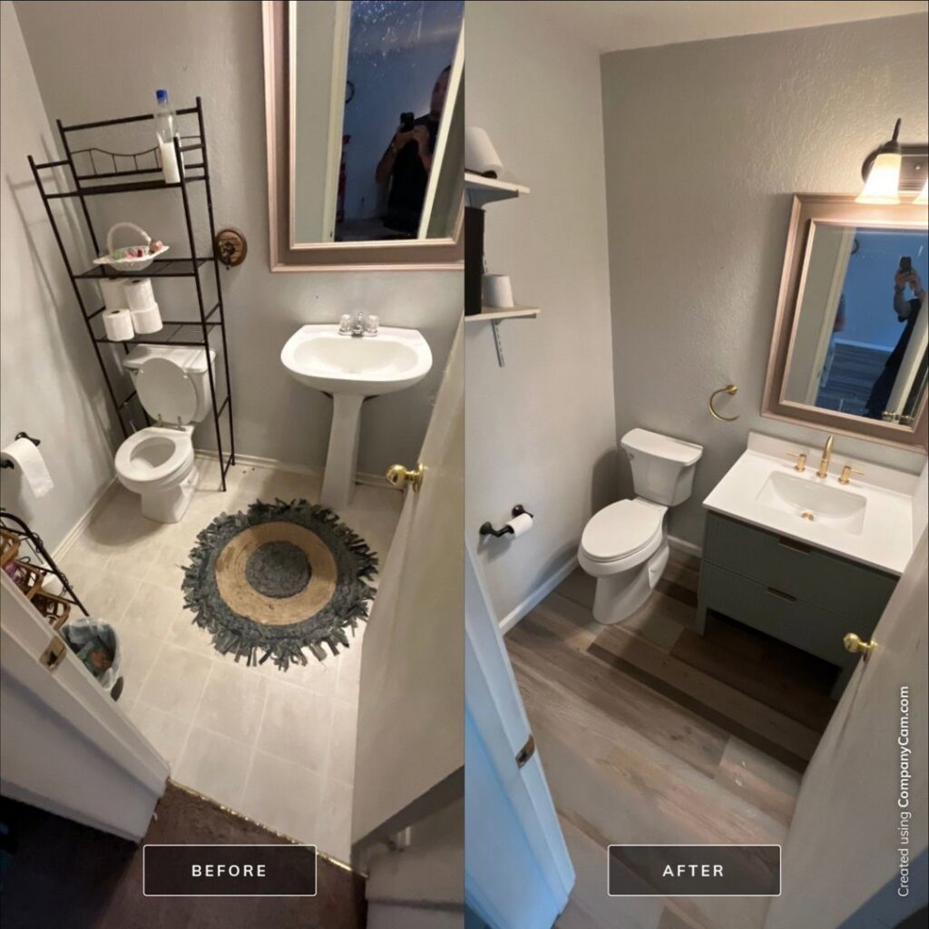 Before and after of a powder room bathroom remodel, including new vanity and flooring by TEXAN Home Improvements LLC in San Antonio, TX.