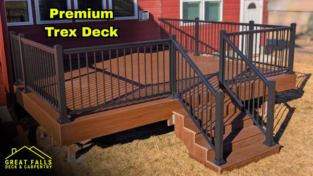 A premium Trex deck with stylish black railings and stairs, expertly installed by Great Falls Deck & Carpentry in Great Falls, MT.