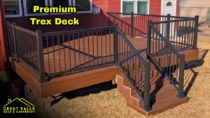 A premium Trex deck with stylish black railings and stairs, expertly installed by Great Falls Deck & Carpentry in Great Falls, MT.