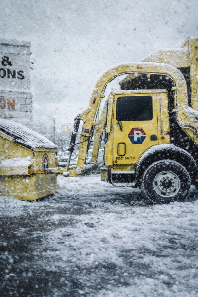 A Priority Waste truck and a dumpster covered in snow on a street, representing junk removal services in Clinton Township, MI.