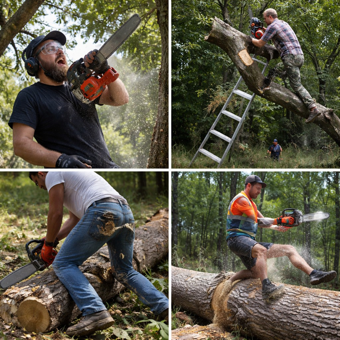 Professional tree cutting services being performed by Tree Service USA in Gaithersburg, MD, showing various stages of work.