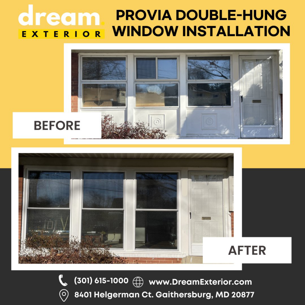 Before and after of a Provia double-hung window installation by Dream Exterior in Gaithersburg, MD.