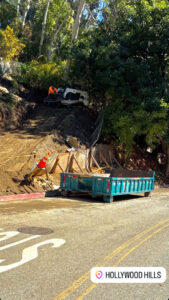 A Quality Bin Inc. dumpster at a construction and landscaping site in Hollywood Hills, Los Angeles, CA.