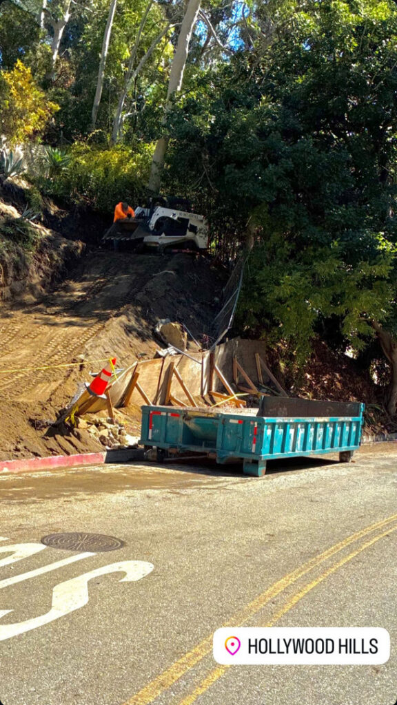 A Quality Bin Inc. dumpster at a construction and landscaping site in Hollywood Hills, Los Angeles, CA.
