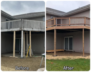 Before and after of a raised deck repair and reinforcement project by Ace of Space alternative carpentry in Madison, WI