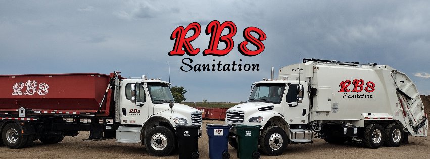 Two RBS Sanitation Inc. trucks, a roll-off and a garbage truck, with residential bins for junk removal in Tea, SD.