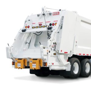 Rear view of a white garbage truck equipped with Bayne Premium Lift Systems, ready for junk removal in Chattanooga, TN.