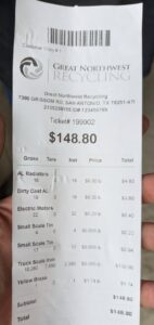 A receipt showing payment for various scrap metals recycled at Great Northwest Recycling in San Antonio, TX