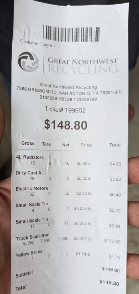 A receipt showing payment for various scrap metals recycled at Great Northwest Recycling in San Antonio, TX