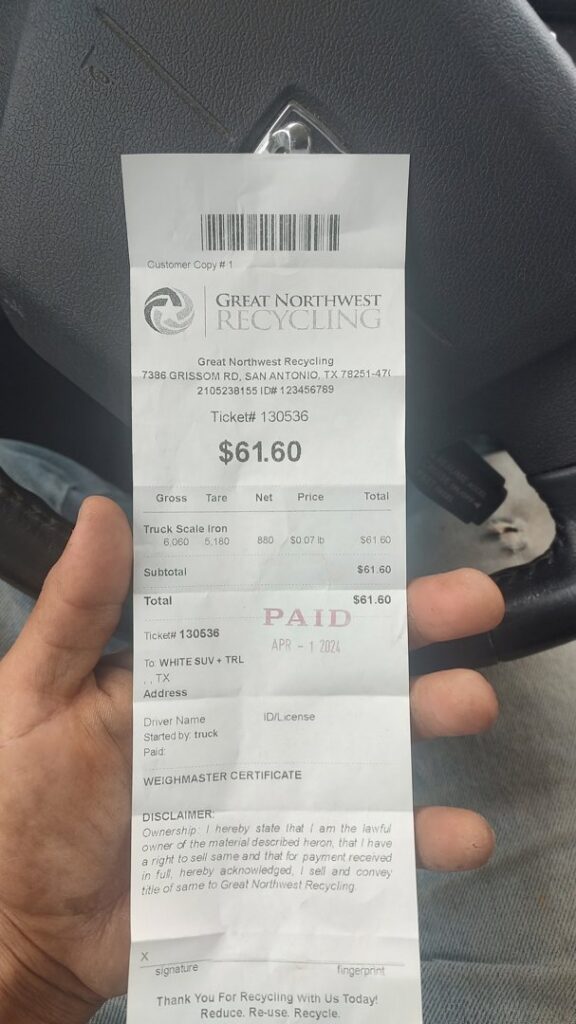 A receipt showing payment for truck scale iron recycled at Great Northwest Recycling in San Antonio, TX