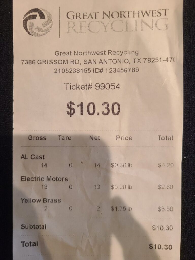 A receipt showing payment for various metals like AL cast, electric motors, and yellow brass recycled at Great Northwest Recycling in San Antonio, TX