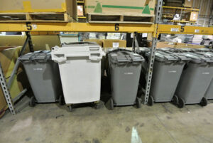 Large wheeled recycling bins used for collecting IT assets and materials at Securis in Greensboro, NC