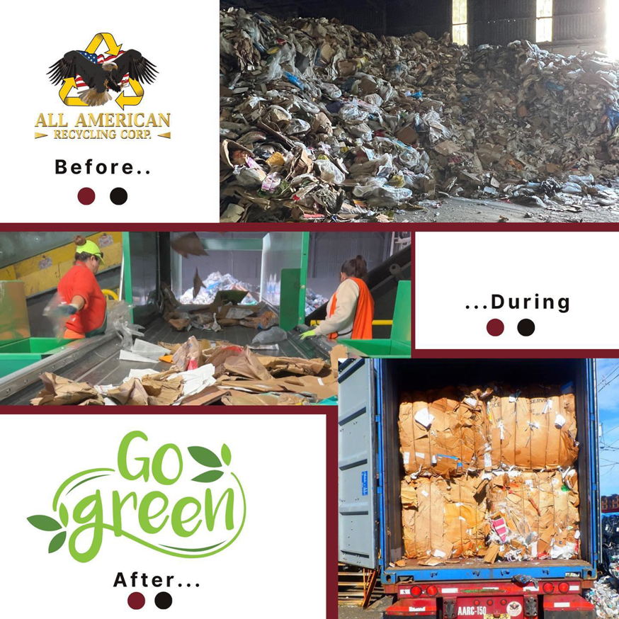 A collage showing the recycling process from large piles of junk to sorted materials and baled paper, performed by All American Recycling Corp. in Jersey City, NJ.