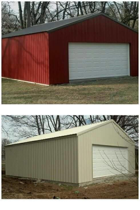 Two completed metal garages, one red and one tan, both with white garage doors, built by D.H. Construction in Jackson, TN.