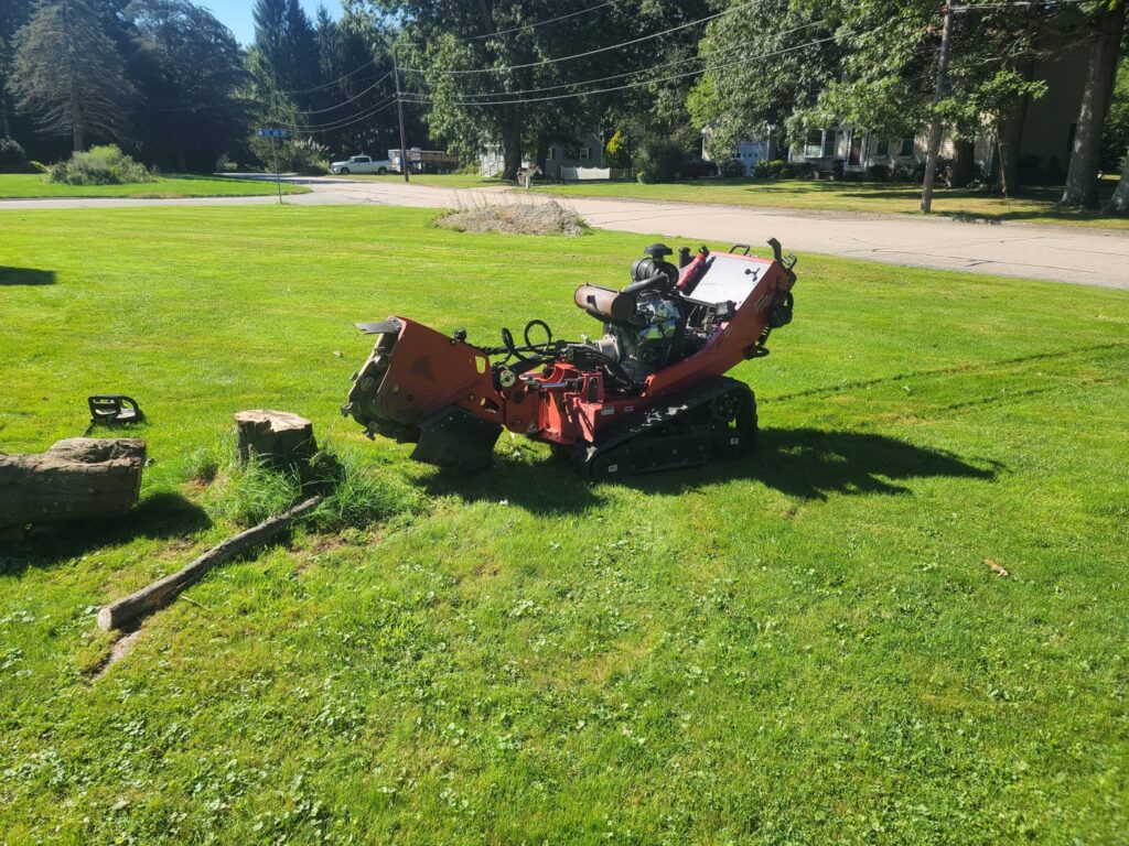 A red stump grinder positioned next to a large tree stump and cut logs on a grassy lawn, ready for service by Grin & Grind Stump Removal LLC in Worcester, MA.