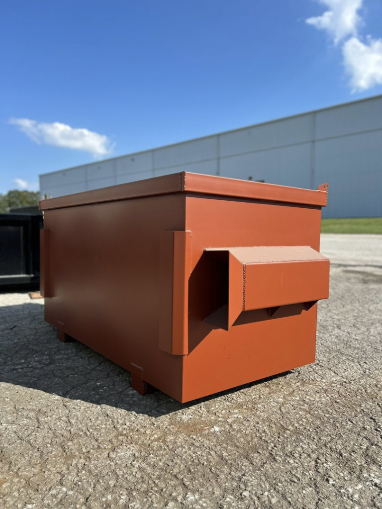 A reddish-brown commercial dumpster for waste management from Eagle Industrial Solutions in Louisville, KY.