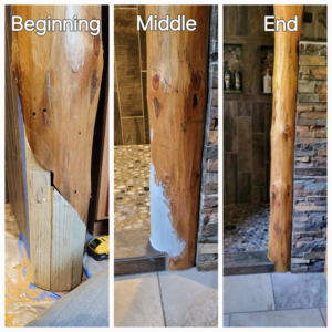 A three-panel image showing the beginning, middle, and end stages of refinishing a wooden post by Rapid Renovations LLC in Rapid City, SD.