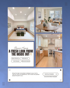 A collage showcasing renovated home interiors, including a modern kitchen and bedroom, by I Revive Homes in Edison, NJ.