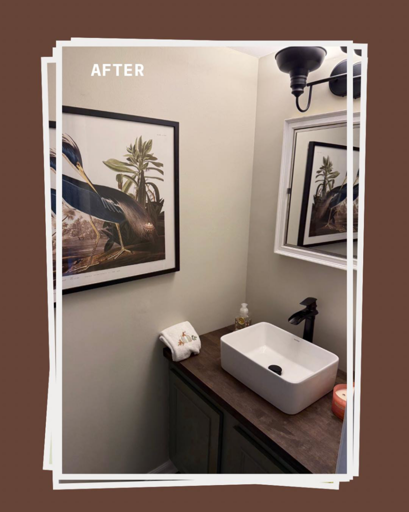A newly renovated powder room featuring a modern vanity, sink, and faucet installed by JRG General Home Services, LLC in Toms River, NJ.
