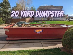A 20-yard dumpster full of residential junk and debris for removal by Trash Daddy in Fort Worth, TX