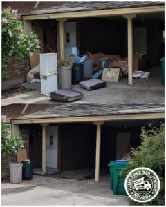 Before and after of a residential carport area cleared of large junk items by Junk Free Solutions in Reno, NV.