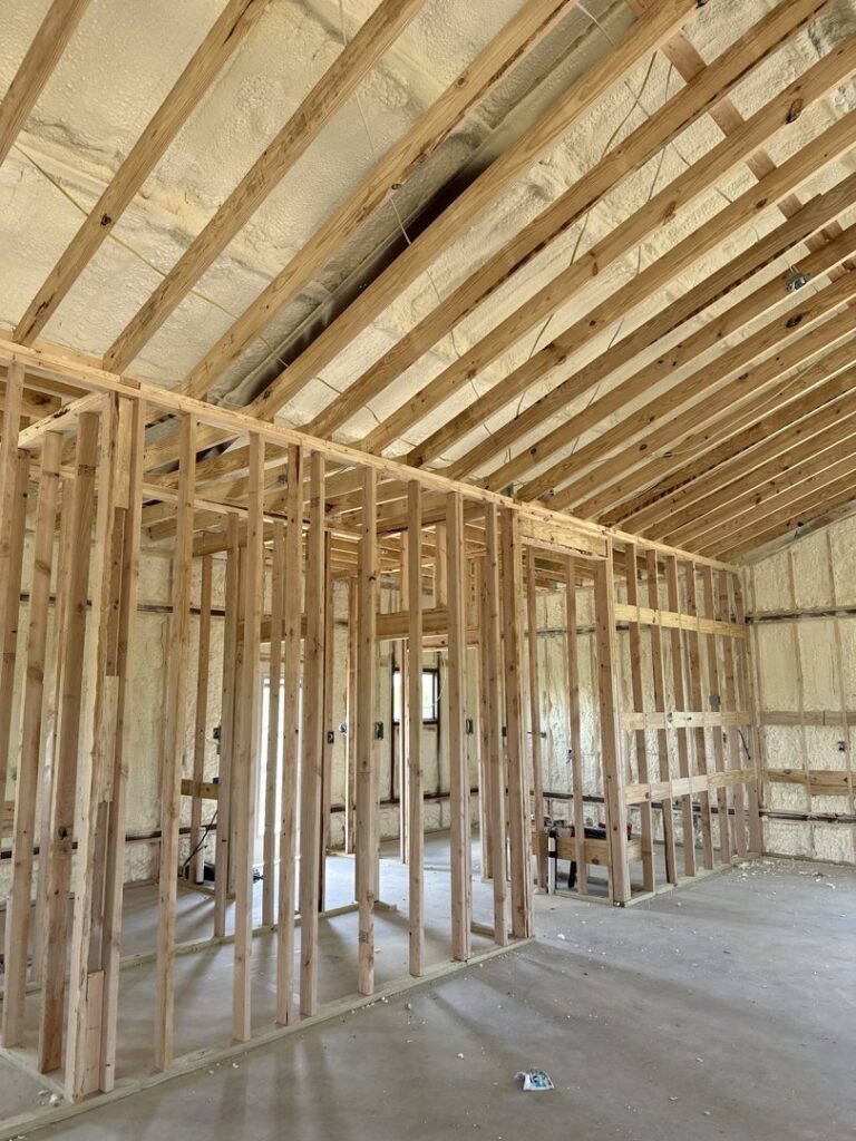 Residential construction project showing spray foam insulation on walls and ceiling by IFOAM Insulation of Hill Country in San Antonio, TX