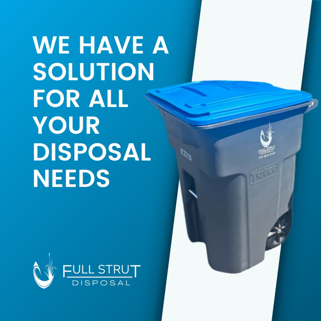 A gray residential disposal bin with a blue lid, branded for Full Strut Disposal in Virginia Beach, VA.