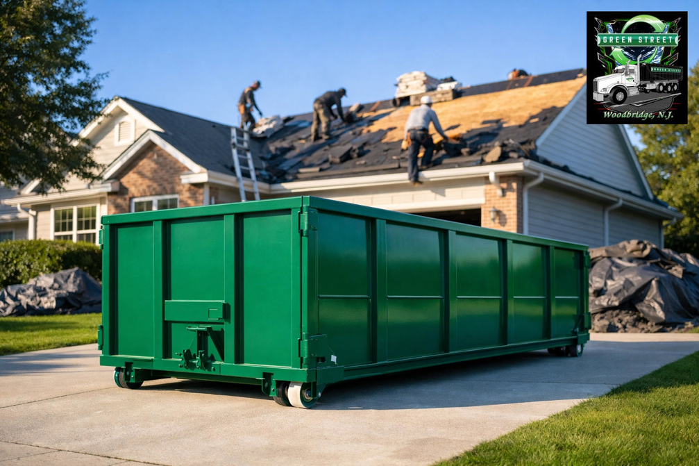 A green roll-off dumpster in a residential driveway for roofing debris removal by Green Street Services in Woodbridge Township, NJ.