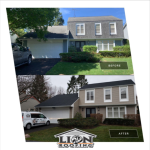 Before and after view of a residential exterior renovation, including roof and siding, by Lion Roofing Corporation in Des Plaines, IL