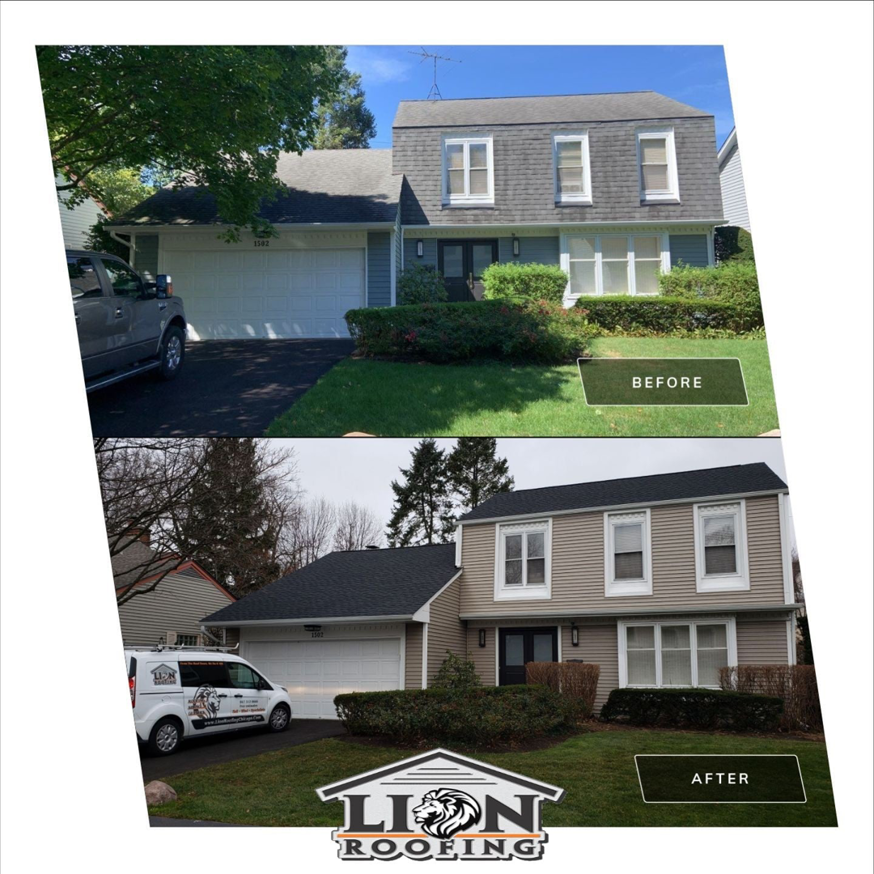 Before and after view of a residential exterior renovation, including roof and siding, by Lion Roofing Corporation in Des Plaines, IL