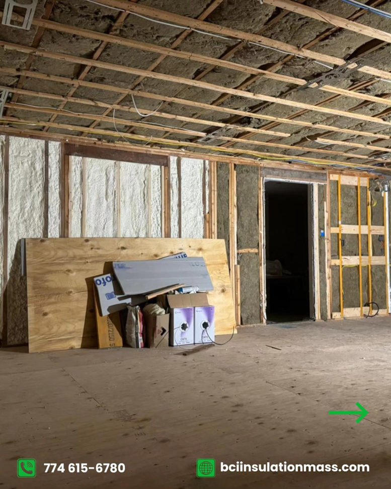 A residential insulation project showing spray foam and fiberglass insulation on walls and ceiling by BCI Insulation in Byron, GA