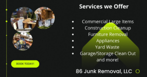 Two photos showing piles of residential junk, including furniture, wood, and debris, for 86 Junk Removal in Greensboro, NC.