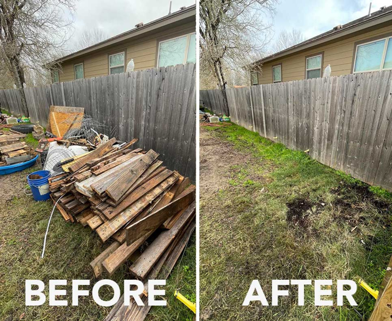 Before and after comparison of residential junk removal by Pro Junk Services LLC in Eugene, OR, showing a cleared yard.