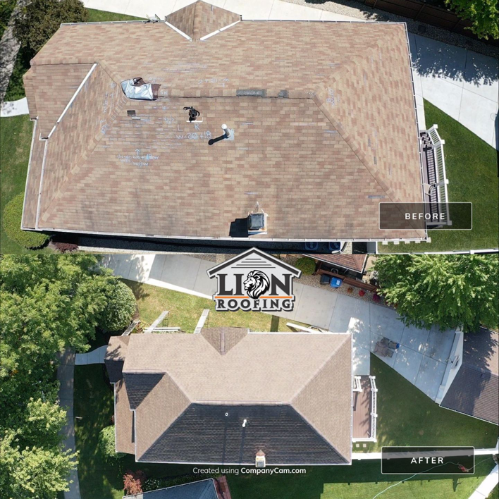 Before and after aerial view of a residential roof replacement by Lion Roofing Corporation in Des Plaines, IL