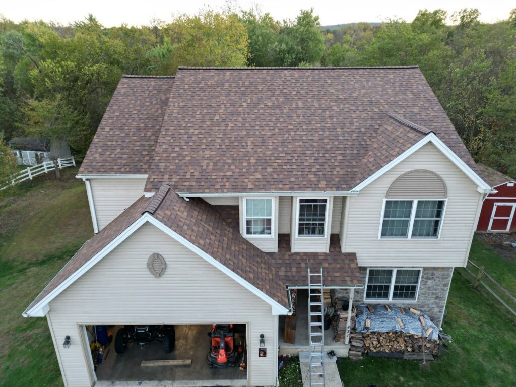 Aerial view of a completed residential roof replacement project by Moonshot Roofing in Columbia, PA.
