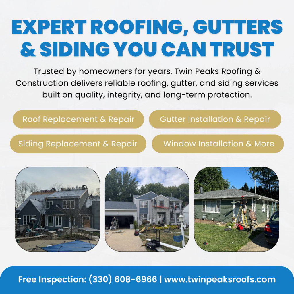 Residential roofing, gutter, and siding installation and repair services by Twin Peaks Roofing & Construction in Akron, OH