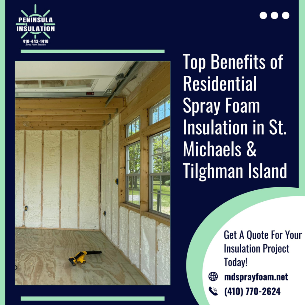 Residential spray foam insulation being installed on wall studs by Peninsula Insulation, LLC in Easton, MD.