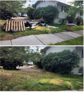 Before and after comparison of a residential yard, showing debris and pallets removed by Missoula Junk Removal, LLC in Missoula, MT.