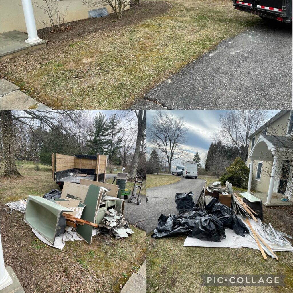A large pile of residential junk and debris, including furniture and construction materials, in a yard for removal by JPC Junk Removal & Demolition in Philadelphia, PA.