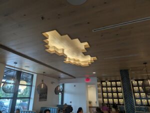 The unique wooden ceiling design inside Agave Azul restaurant, completed by BDM Construction, Inc in Orlando, FL